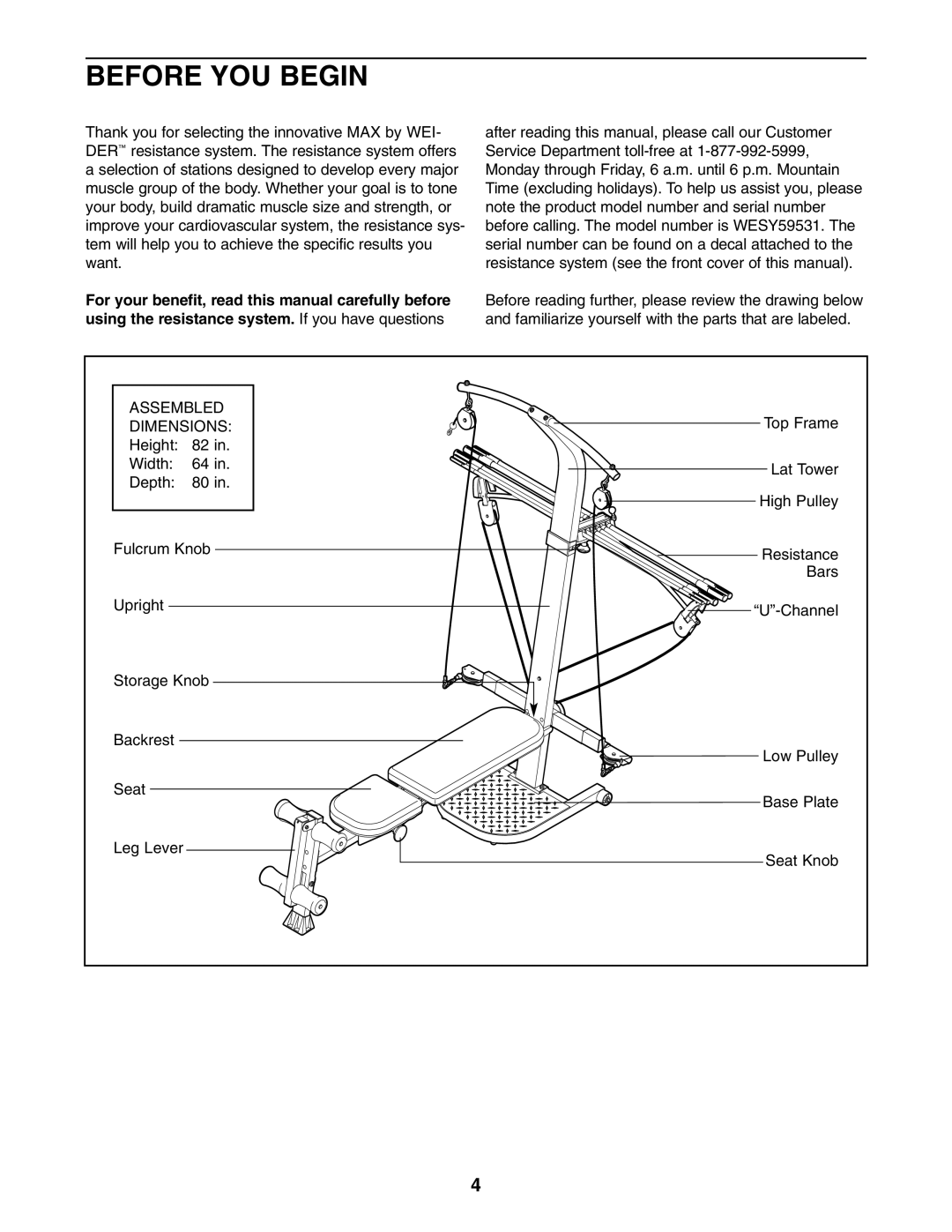 Weider WESY59531 user manual Before YOU Begin, Dimensions 