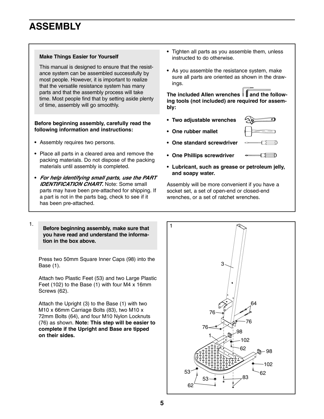 Weider WESY59531 user manual Assembly, Make Things Easier for Yourself 