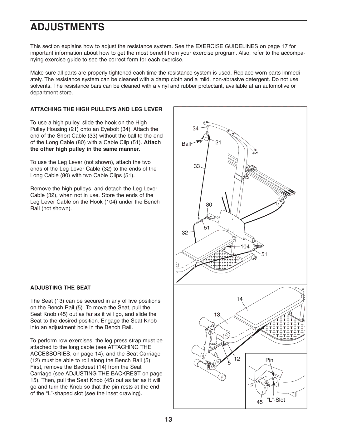 Weider WESY5983.3 user manual Adjustments, Attaching the High Pulleys and LEG Lever, Adjusting the Seat 