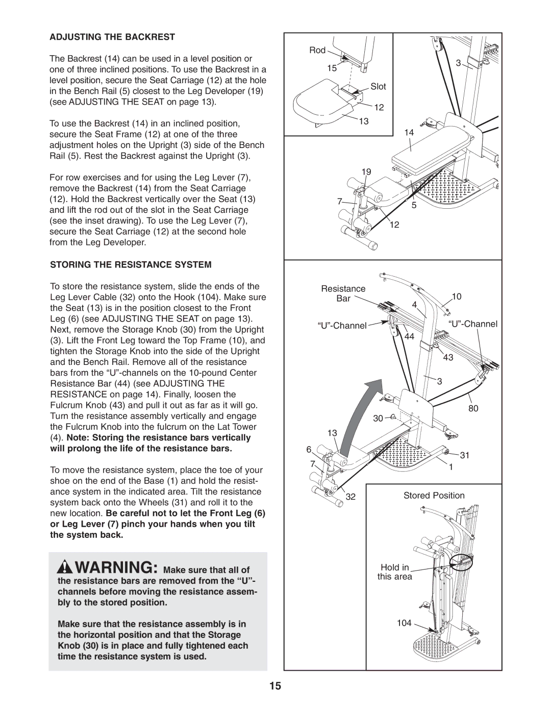 Weider WESY5983.3 user manual Adjusting the Backrest, Storing the Resistance System 