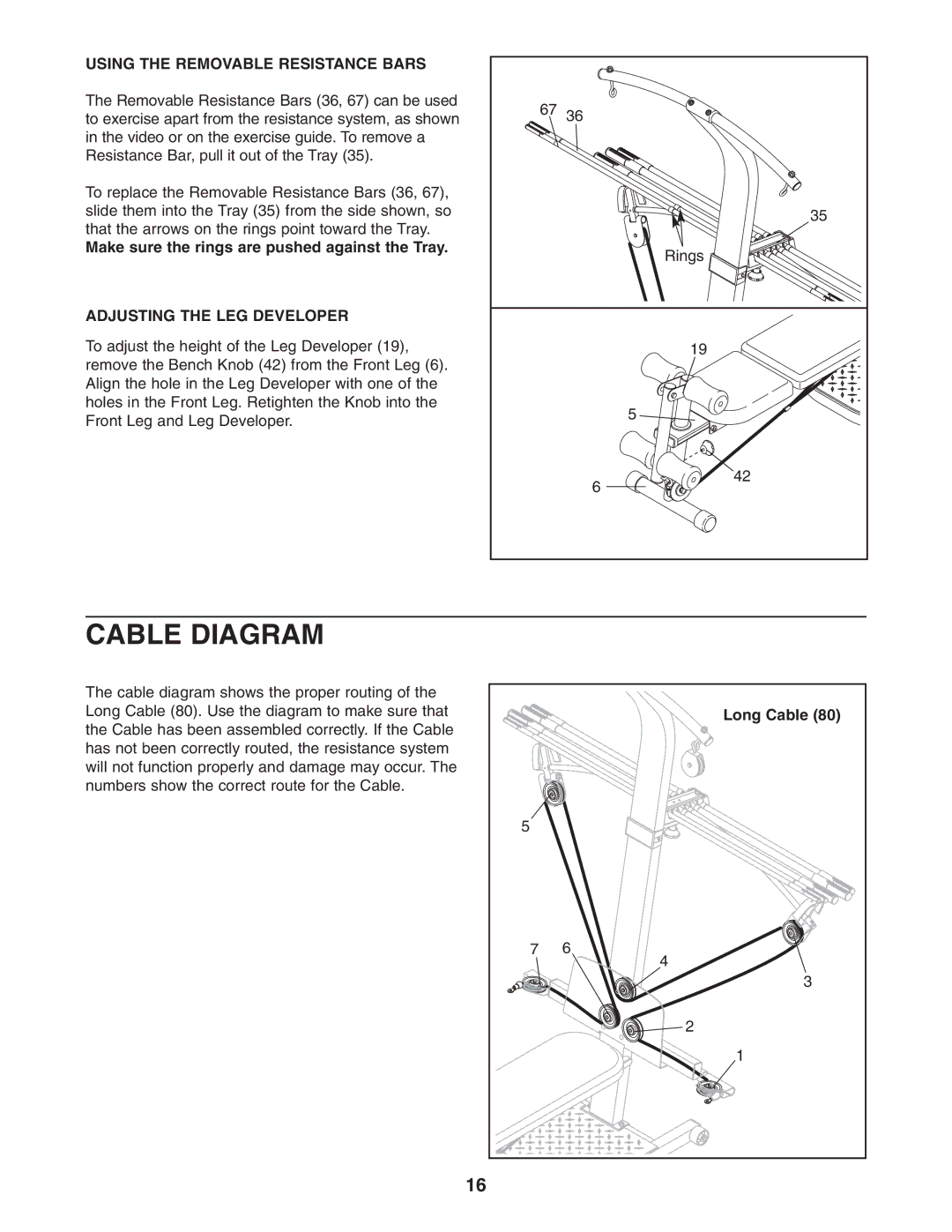 Weider WESY5983.3 Cable Diagram, Using the Removable Resistance Bars, Make sure the rings are pushed against the Tray 