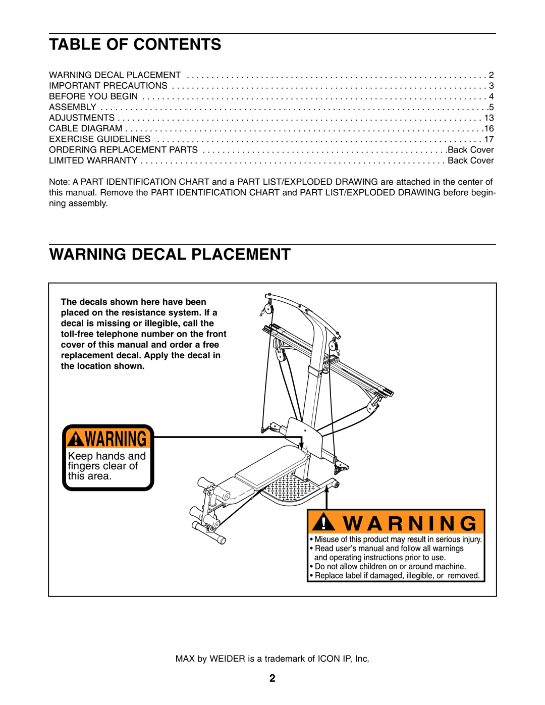 Weider WESY5983.3 user manual Table of Contents 