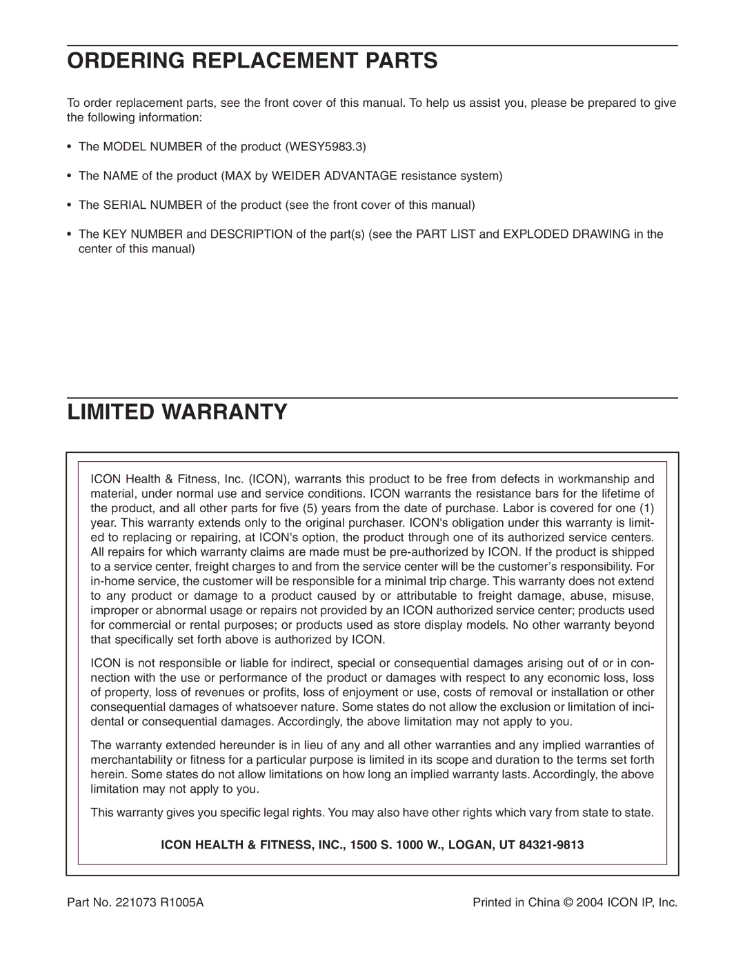 Weider WESY5983.3 Ordering Replacement Parts, Limited Warranty, Icon Health & FITNESS, INC., 1500 S W., LOGAN, UT 