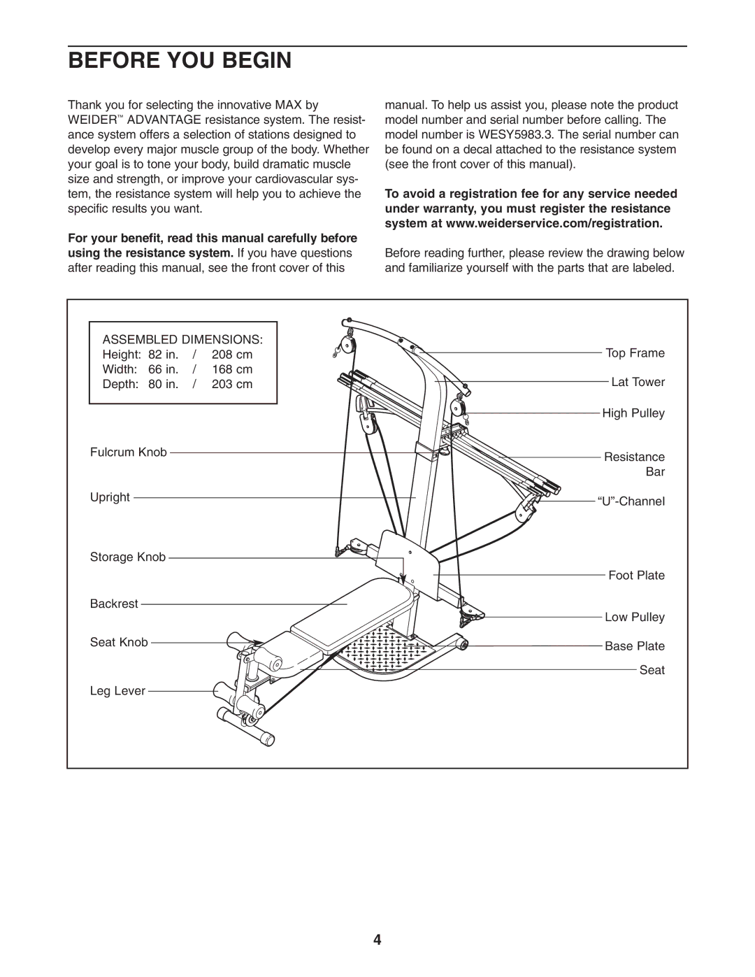 Weider WESY5983.3 user manual Before YOU Begin, Assembled Dimensions 