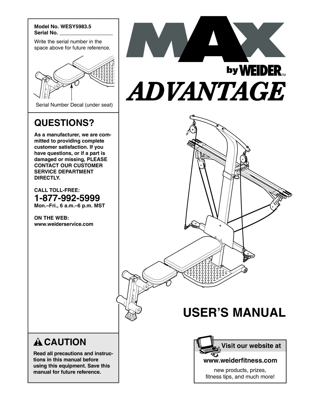 Weider WESY5983.5 user manual Questions?, Call TOLL-FREE, On the WEB 