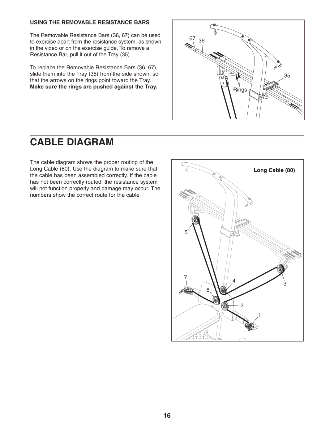 Weider WESY5983.5 Cable Diagram, Using the Removable Resistance Bars, Make sure the rings are pushed against the Tray 