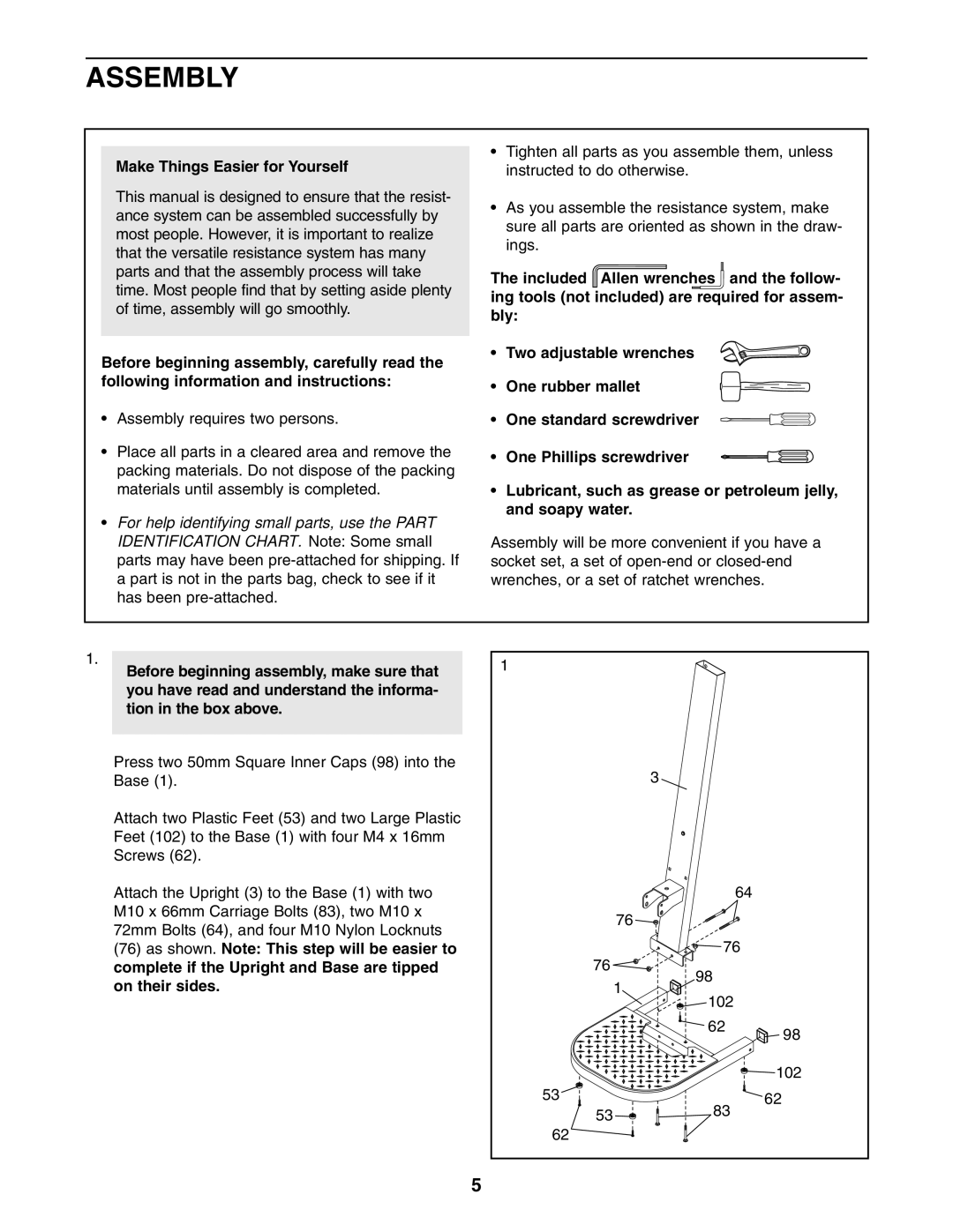 Weider WESY5983.5 user manual Assembly, Make Things Easier for Yourself 