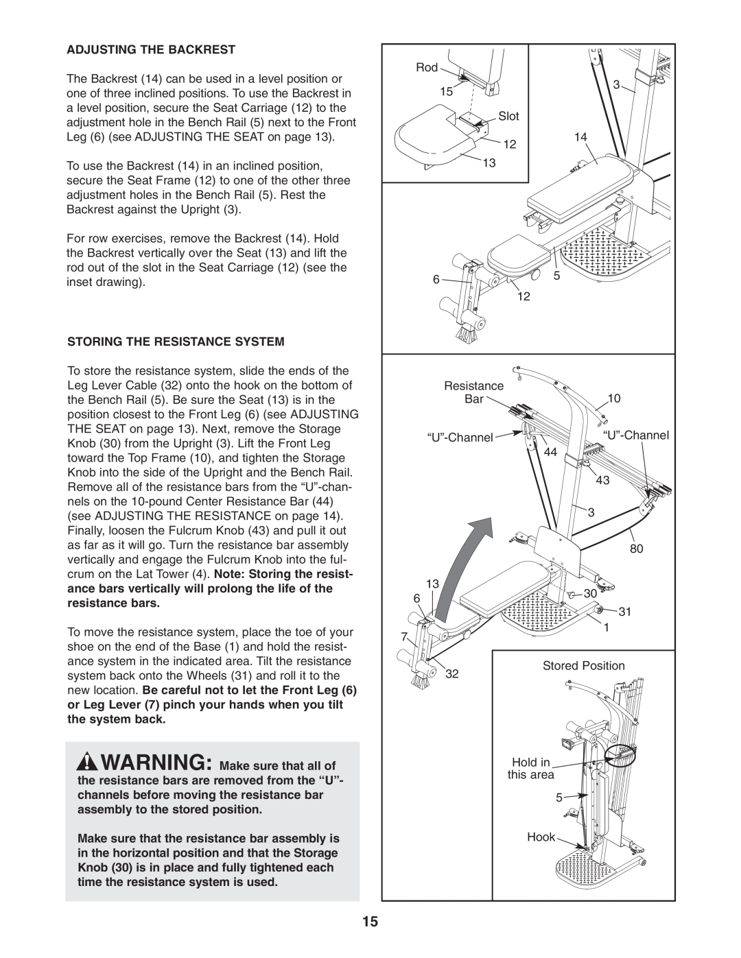 Weider WESY5983.5 user manual Adjusting The Backrest, Storing The Resistance System 