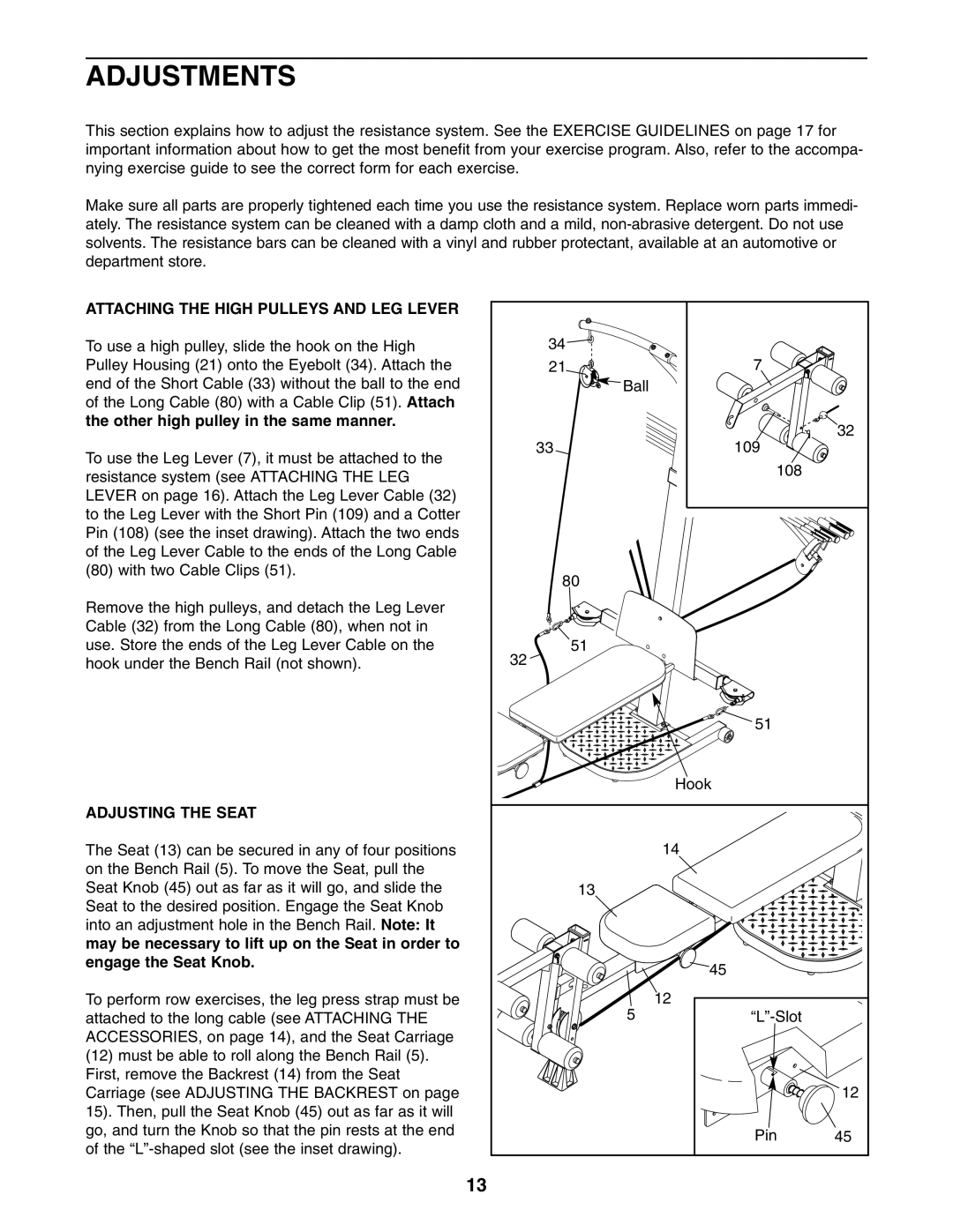 Weider WESY5984.1 user manual Adjustments, Attaching the High Pulleys and LEG Lever, Adjusting the Seat 