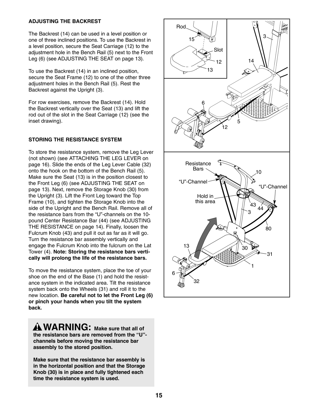 Weider WESY5984.1 user manual Adjusting the Backrest, Storing the Resistance System 