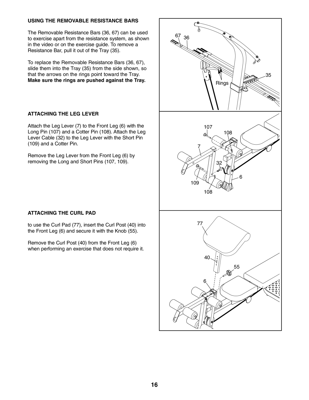 Weider WESY5984.1 user manual Using the Removable Resistance Bars, Make sure the rings are pushed against the Tray 