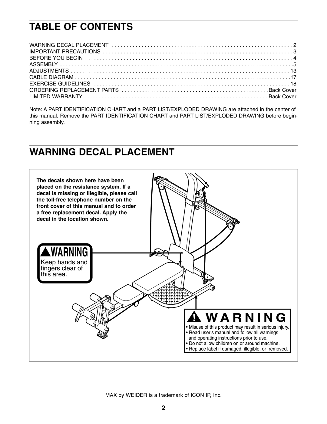 Weider WESY5984.1 user manual Table of Contents 