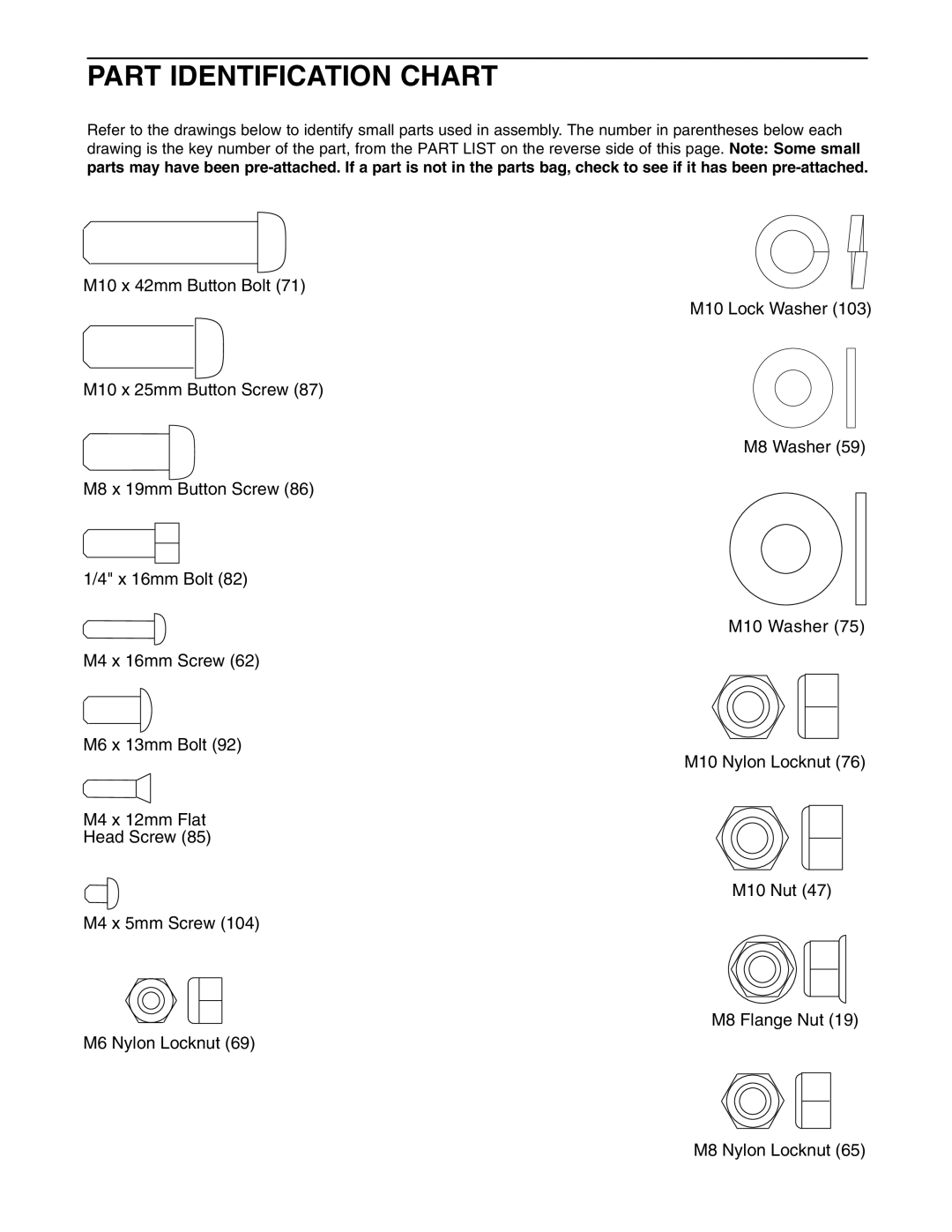 Weider WESY5984.1 user manual Part Identification Chart 