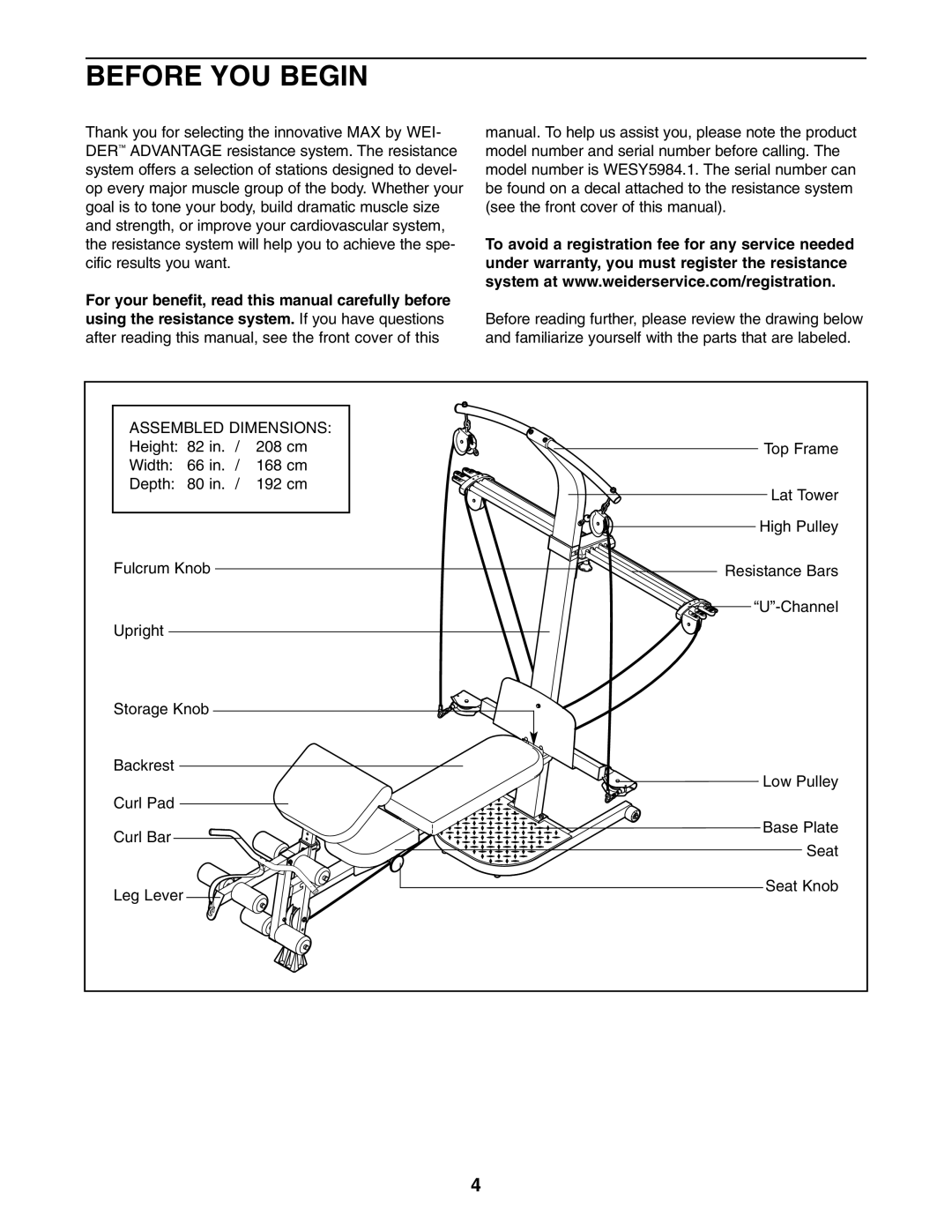 Weider WESY5984.1 user manual Before YOU Begin, Assembled Dimensions 