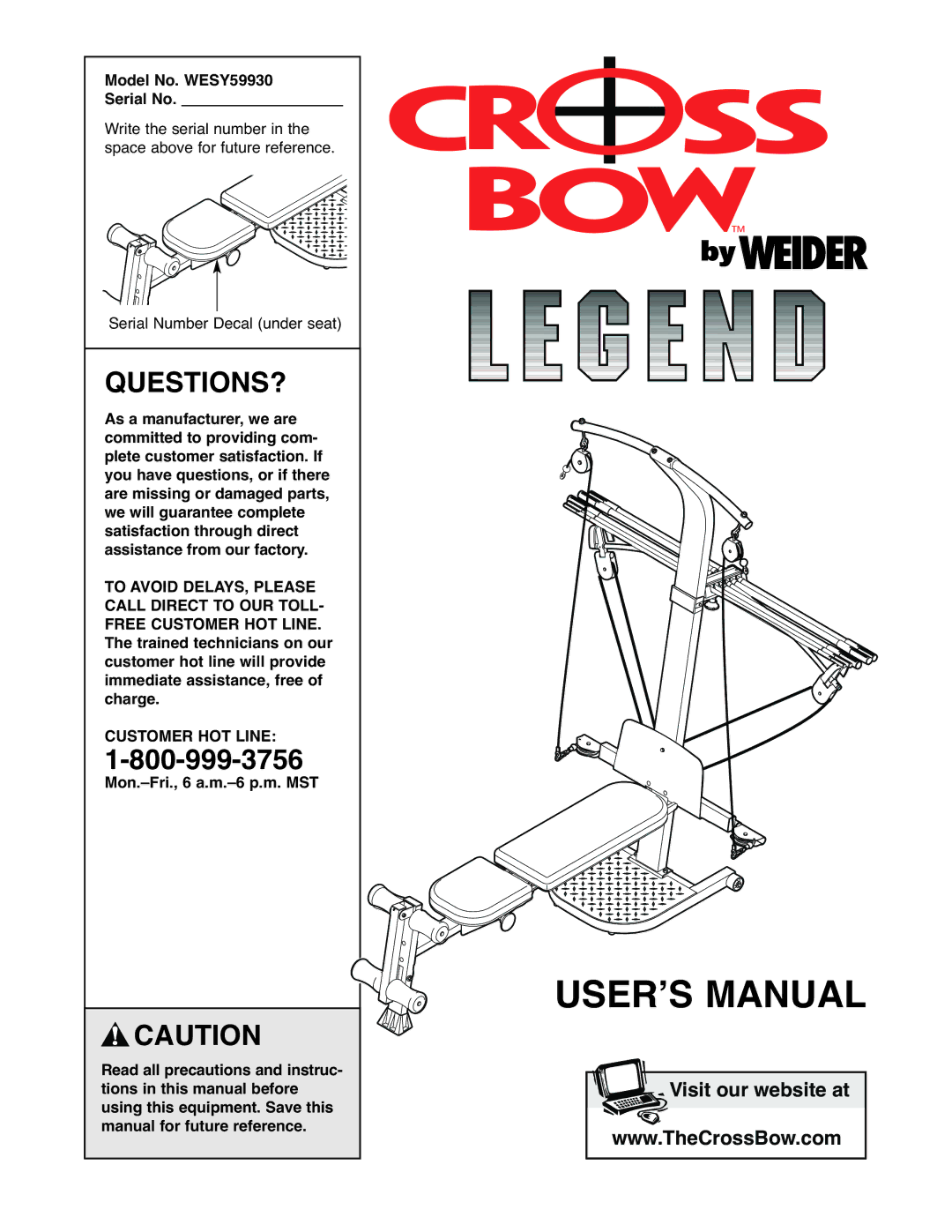 Weider user manual Questions?, Model No. WESY59930 Serial No, Customer HOT Line 