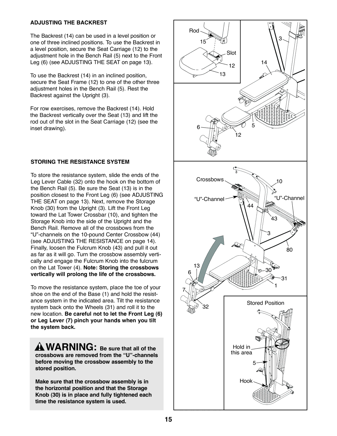 Weider WESY59930 user manual Adjusting the Backrest, Storing the Resistance System 