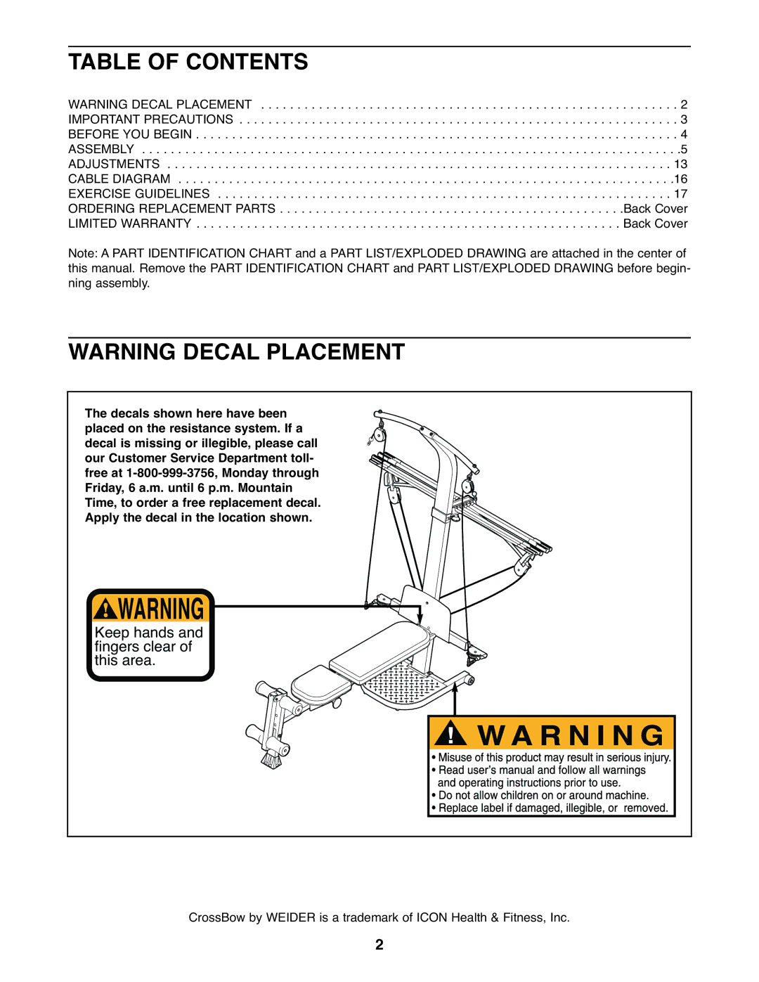 Weider WESY59930 user manual Table of Contents 