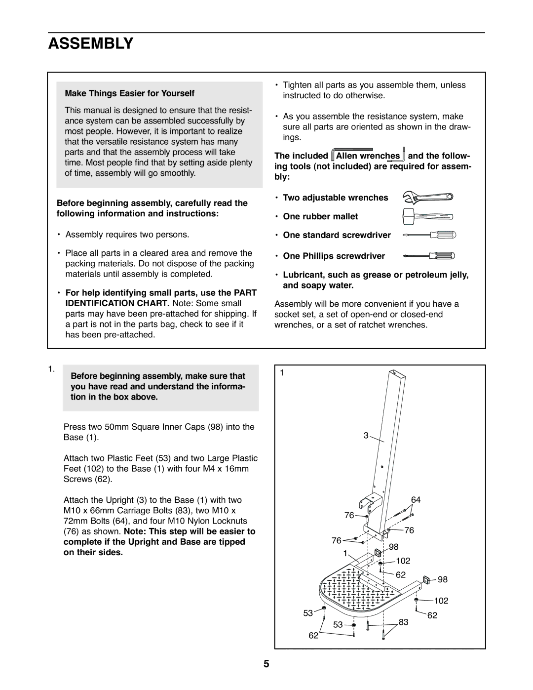 Weider WESY59930 user manual Assembly, Make Things Easier for Yourself 