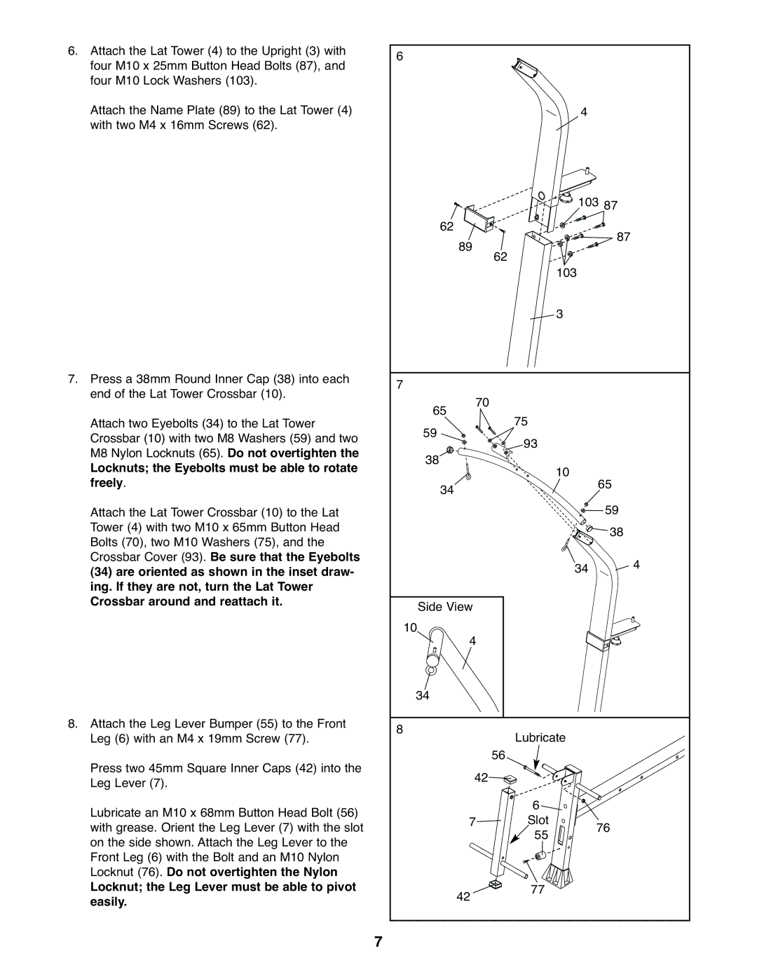 Weider WESY59930 Locknuts the Eyebolts must be able to rotate freely, Locknut the Leg Lever must be able to pivot easily 