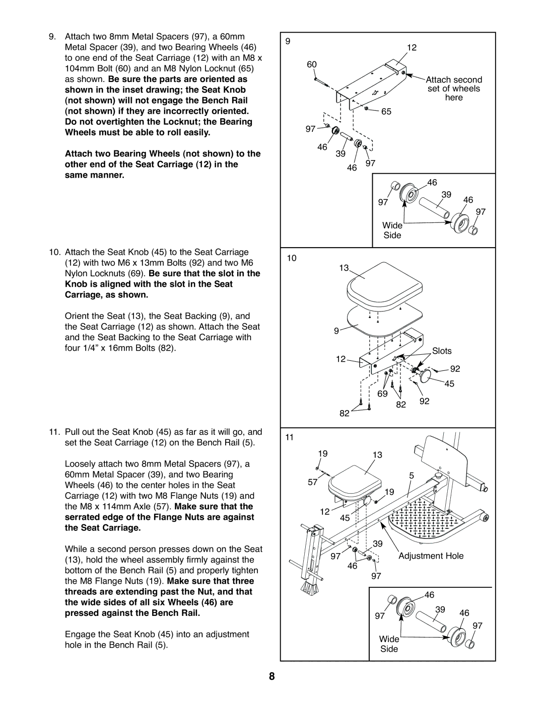 Weider WESY59930 user manual Knob is aligned with the slot in the Seat Carriage, as shown 