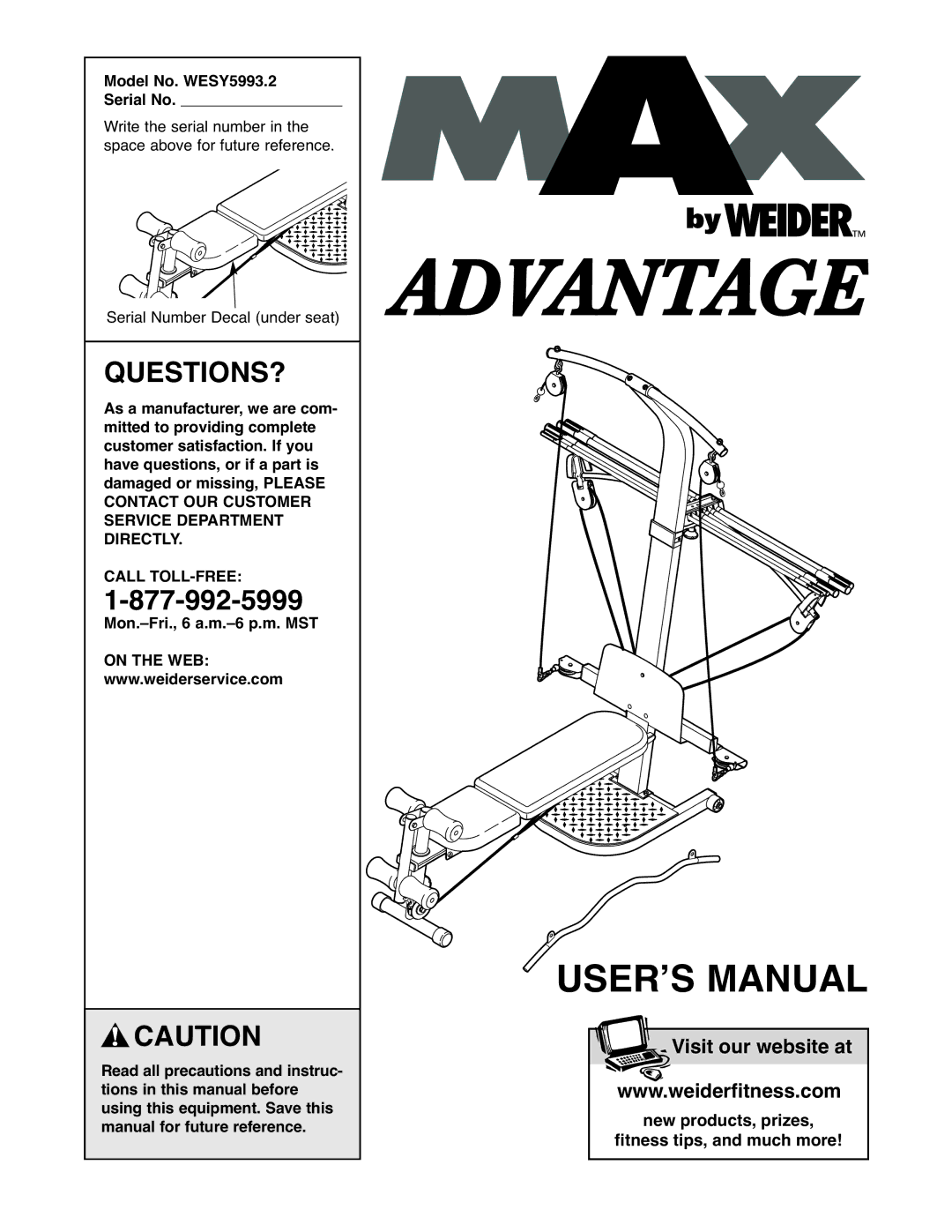 Weider user manual Questions?, Model No. WESY5993.2 Serial No 