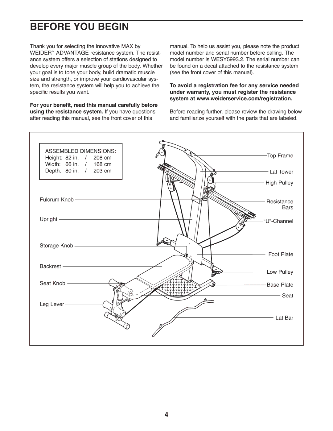 Weider WESY5993.2 user manual Before YOU Begin, Assembled Dimensions 