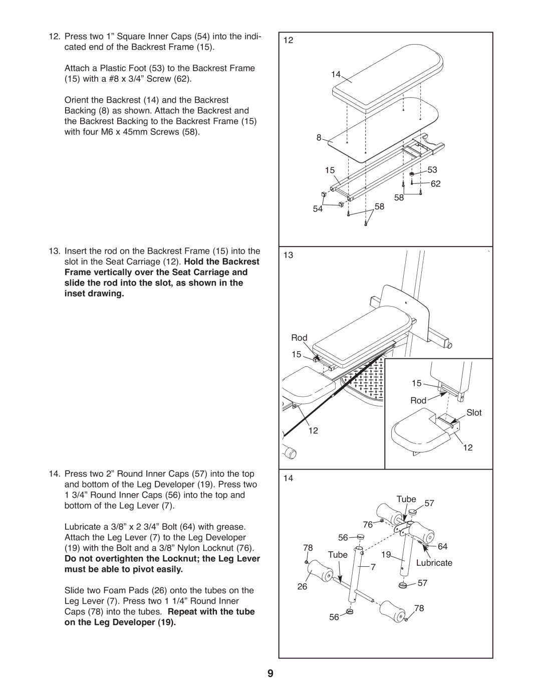 Weider WESY5993.2 Do not overtighten the Locknut the Leg Lever, Must be able to pivot easily, On the Leg Developer 