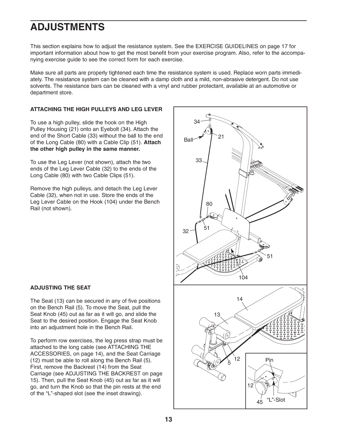 Weider WESY5993.3 user manual Adjustments, Attaching the High Pulleys and LEG Lever, Adjusting the Seat 