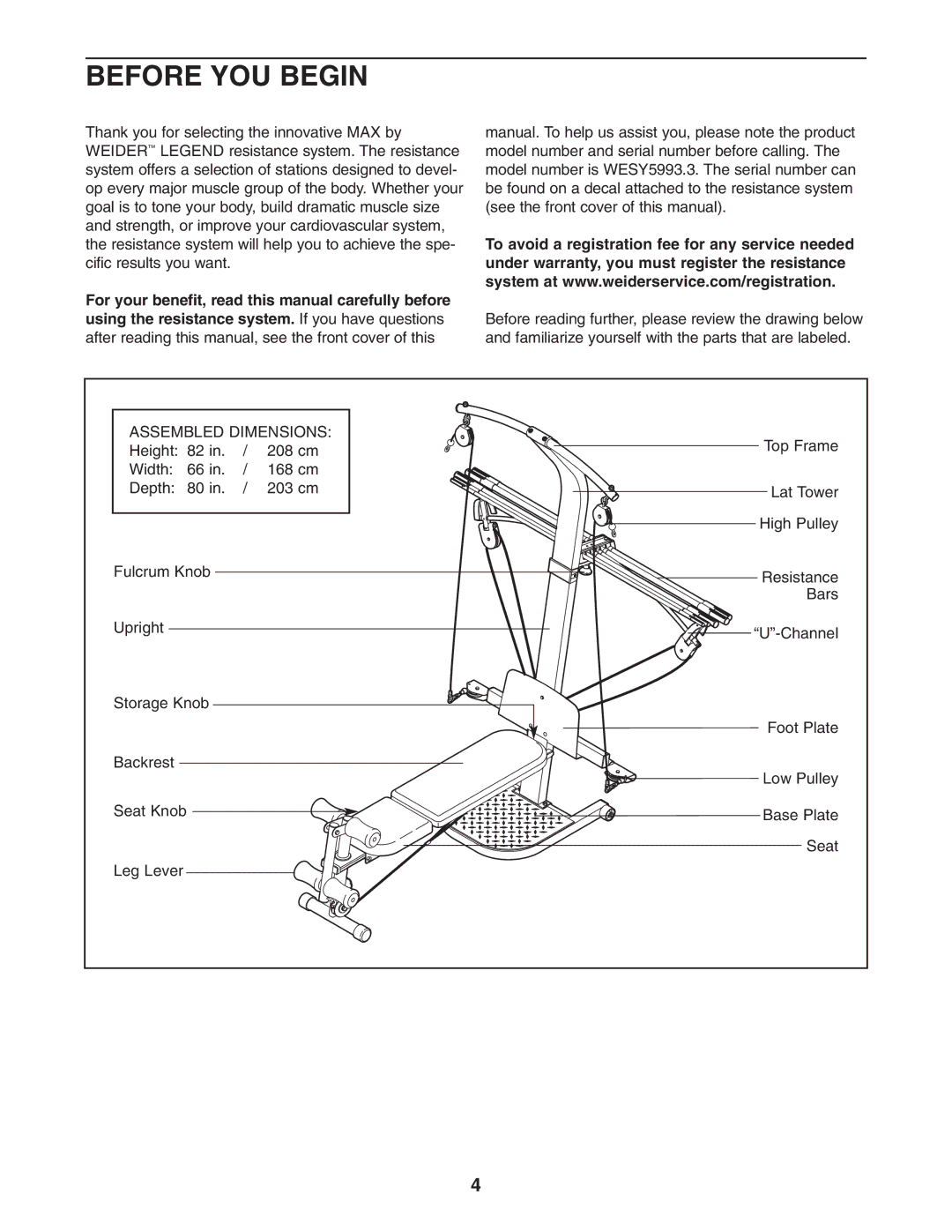 Weider WESY5993.3 user manual Before YOU Begin, Assembled Dimensions 