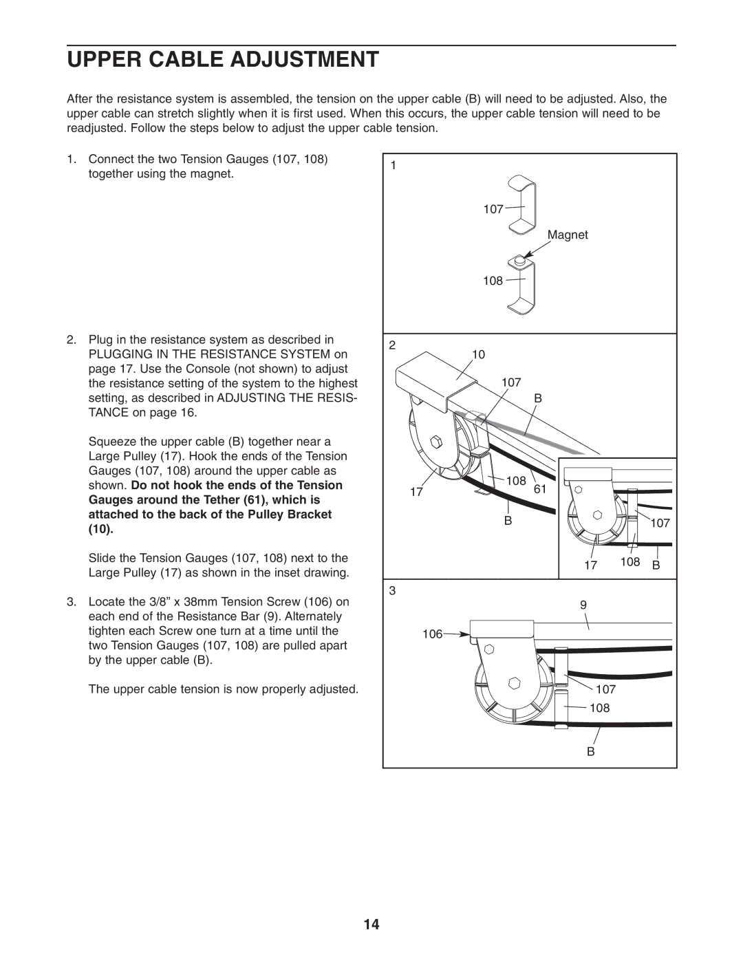 Weider WESY68632 user manual Upper Cable Adjustment 