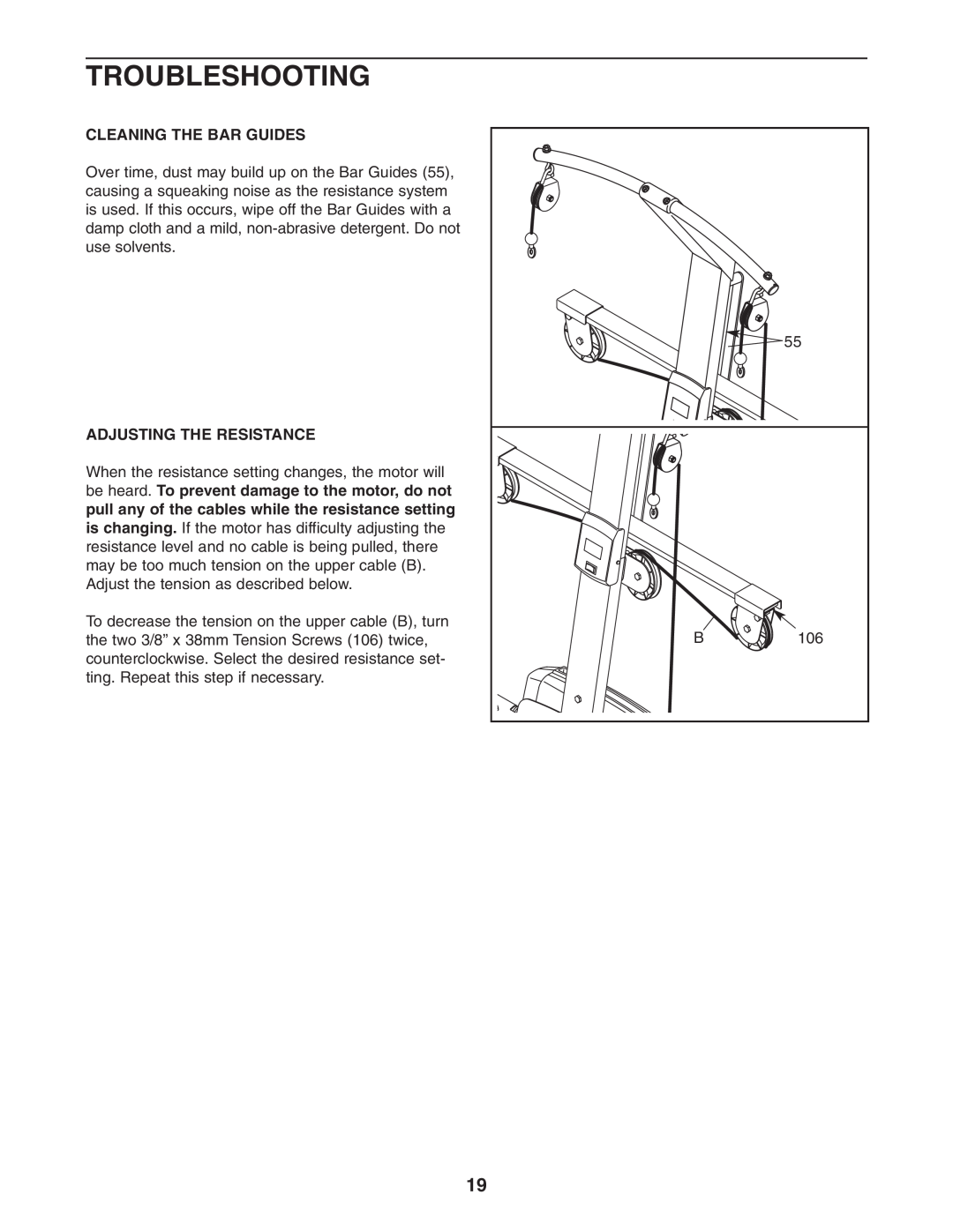 Weider WESY68632 user manual Troubleshooting, Cleaning The Bar Guides, Adjusting The Resistance 