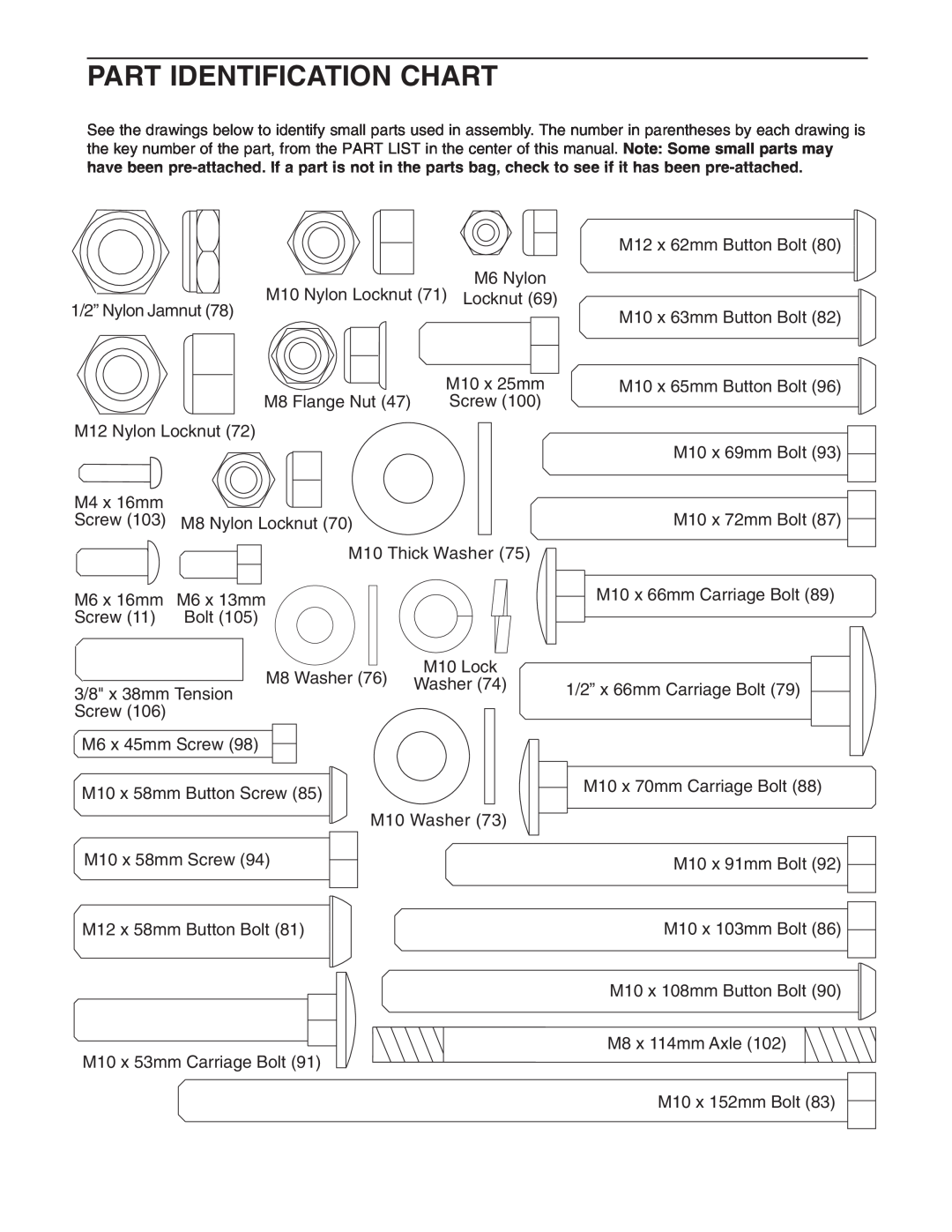 Weider WESY68632 user manual Part Identification Chart, Screw, Washer 