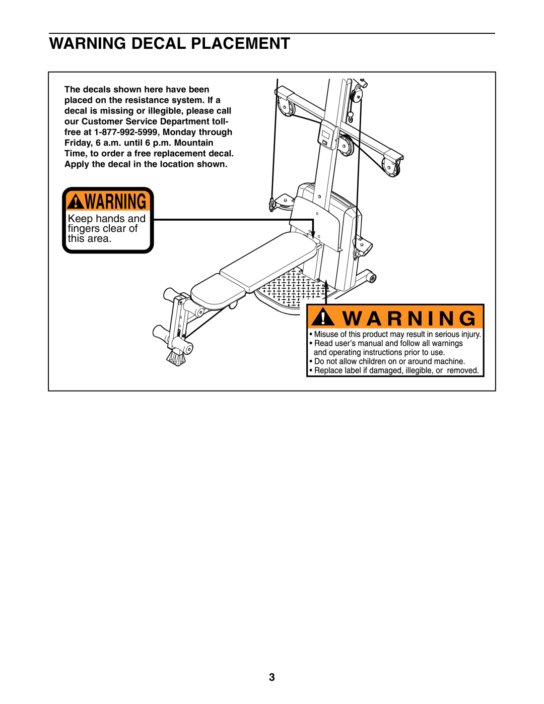 Weider WESY68632 user manual Warning Decal Placement, Keep hands and fingers clear of this area 