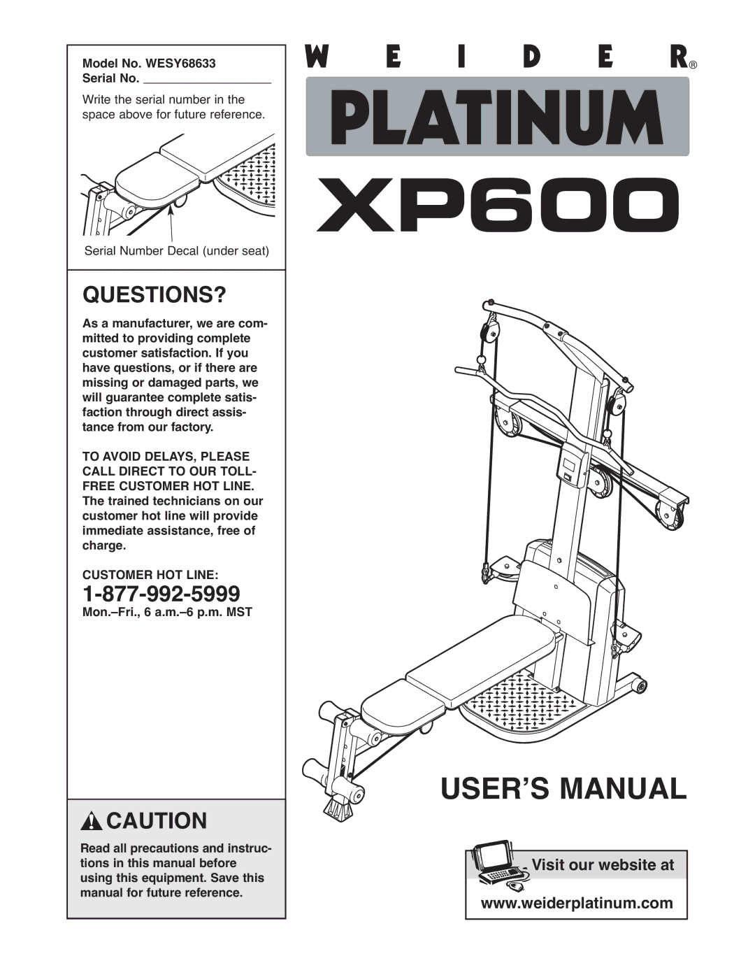 Weider user manual Questions?, Model No. WESY68633 Serial No 