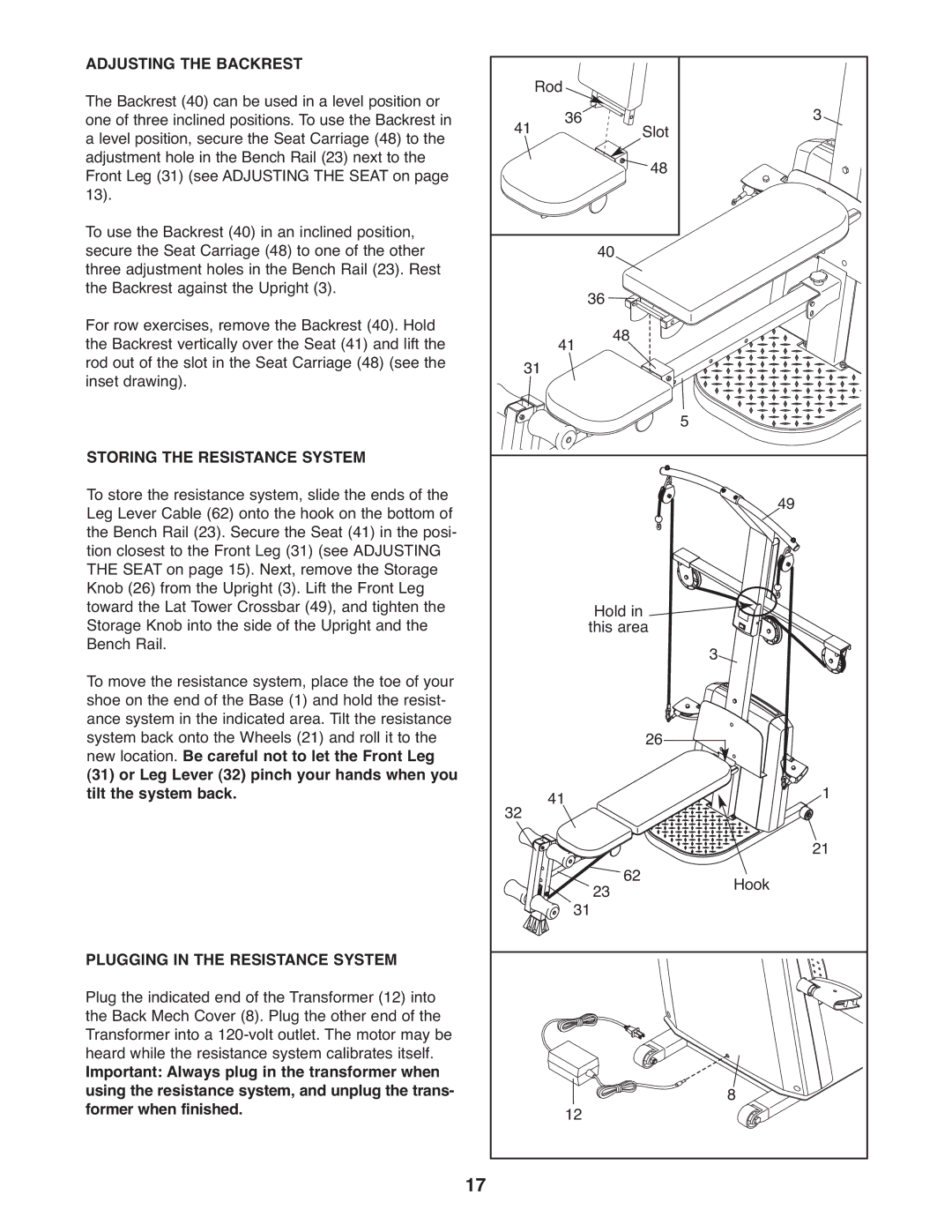 Weider WESY68633 user manual Adjusting the Backrest, Storing the Resistance System 