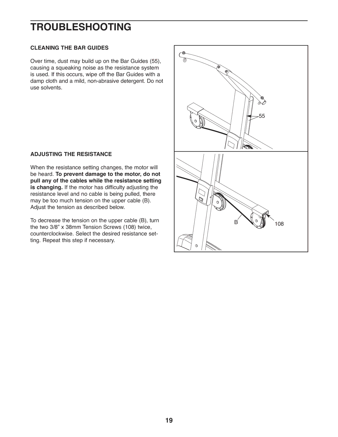 Weider WESY68633 user manual Troubleshooting, Cleaning the BAR Guides 