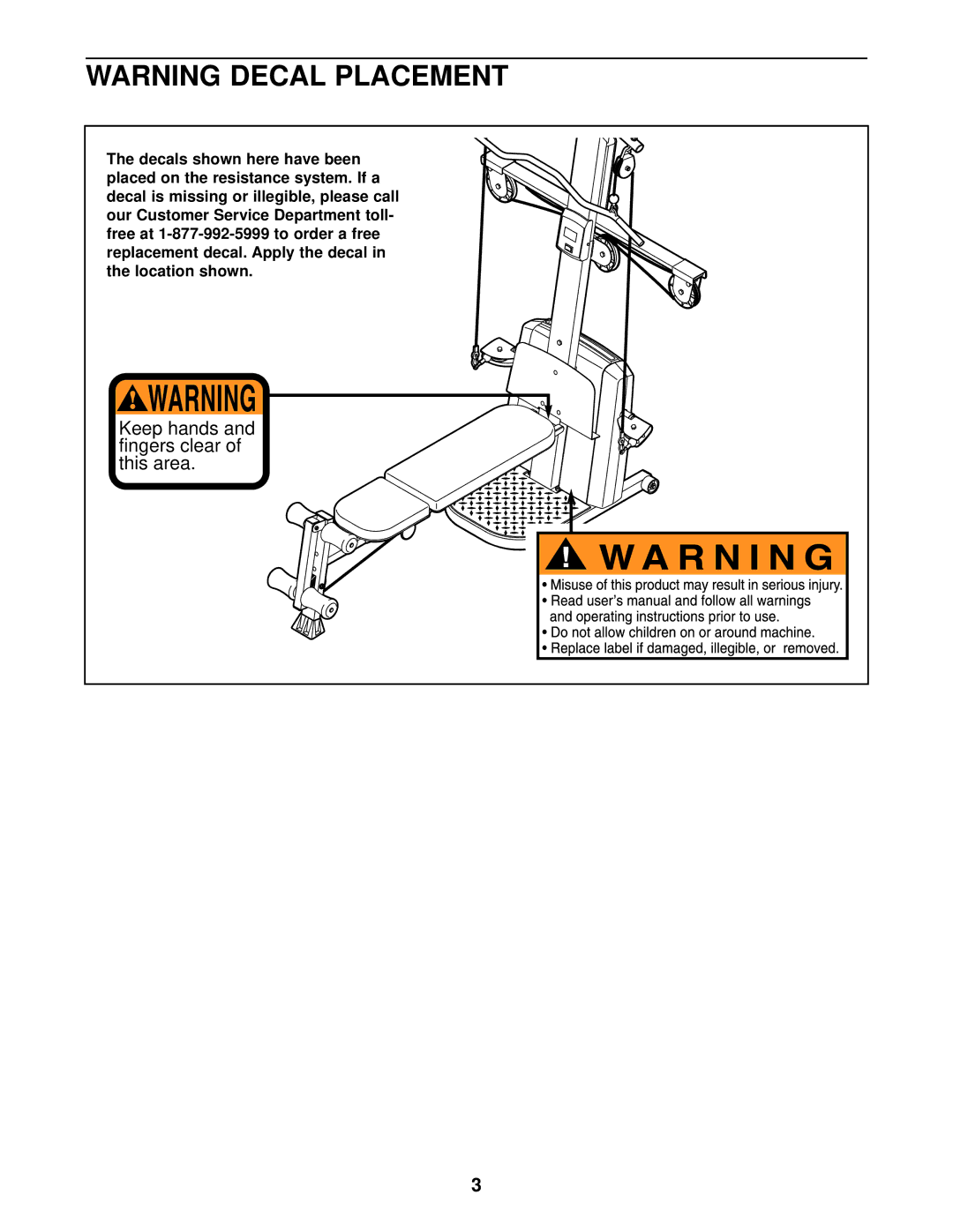 Weider WESY68633 user manual Keep hands and fingers clear of this area 