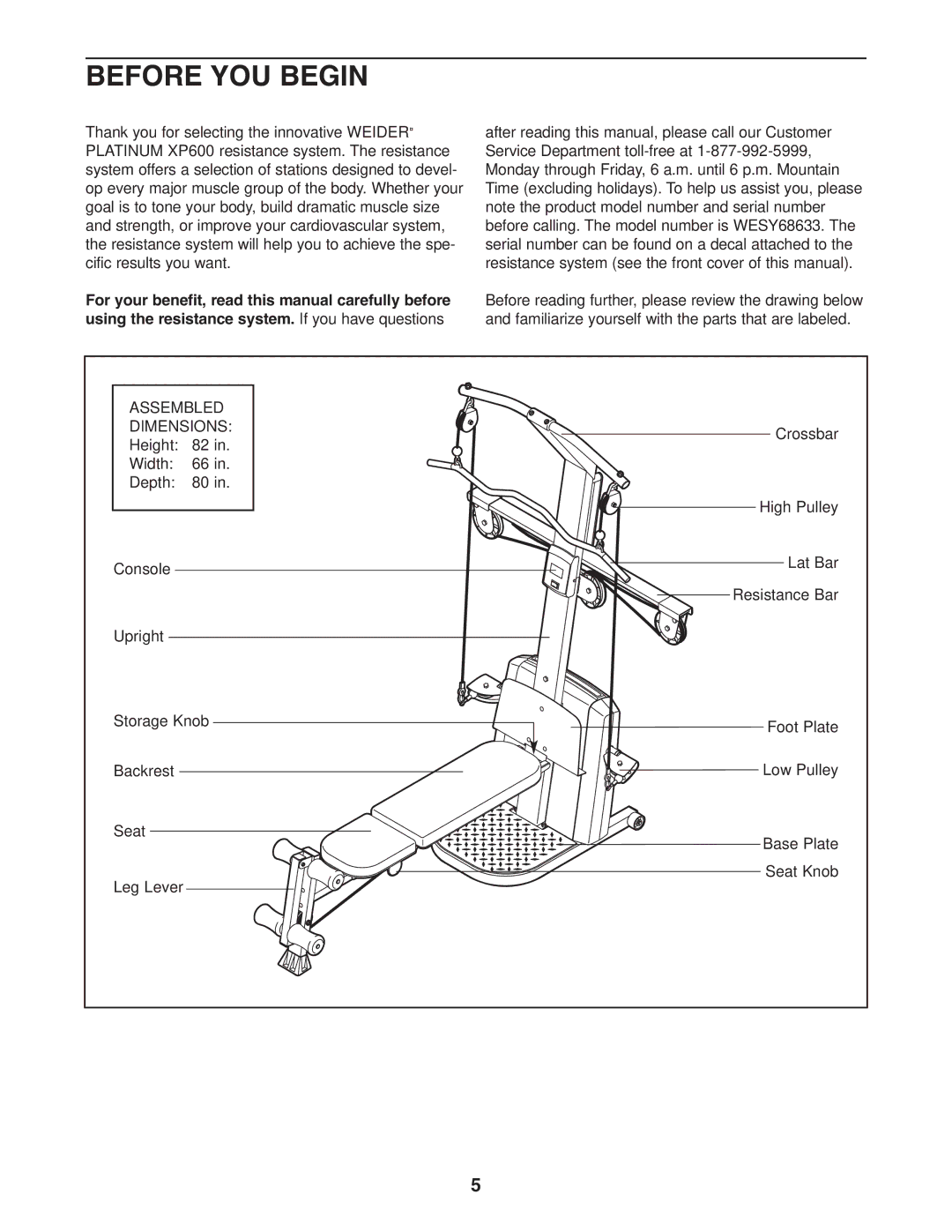 Weider WESY68633 user manual Before YOU Begin, Assembled Dimensions 