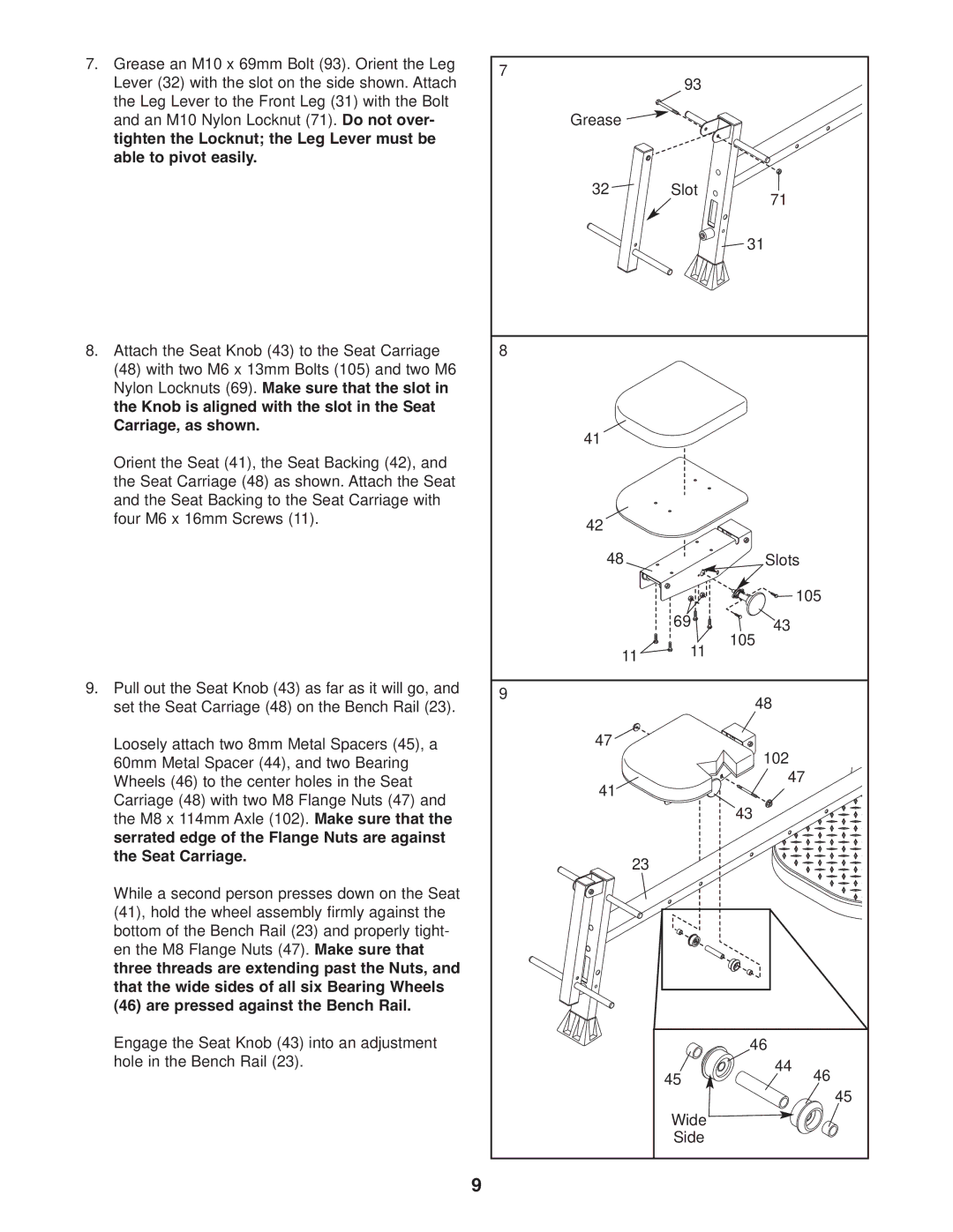 Weider WESY68633 user manual Serrated edge of the Flange Nuts are against Seat Carriage 