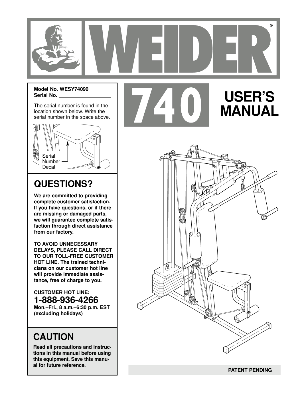 Weider user manual Model No. WESY74090 Serial No, Serial Number Decal 