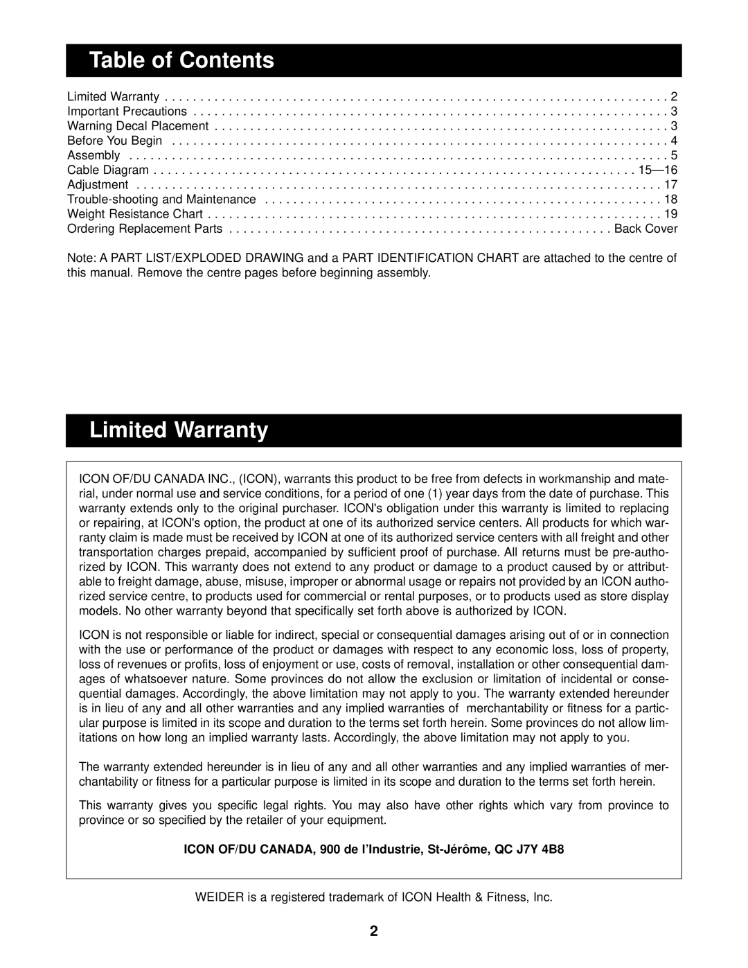 Weider WESY74090 user manual Table of Contents, Limited Warranty 