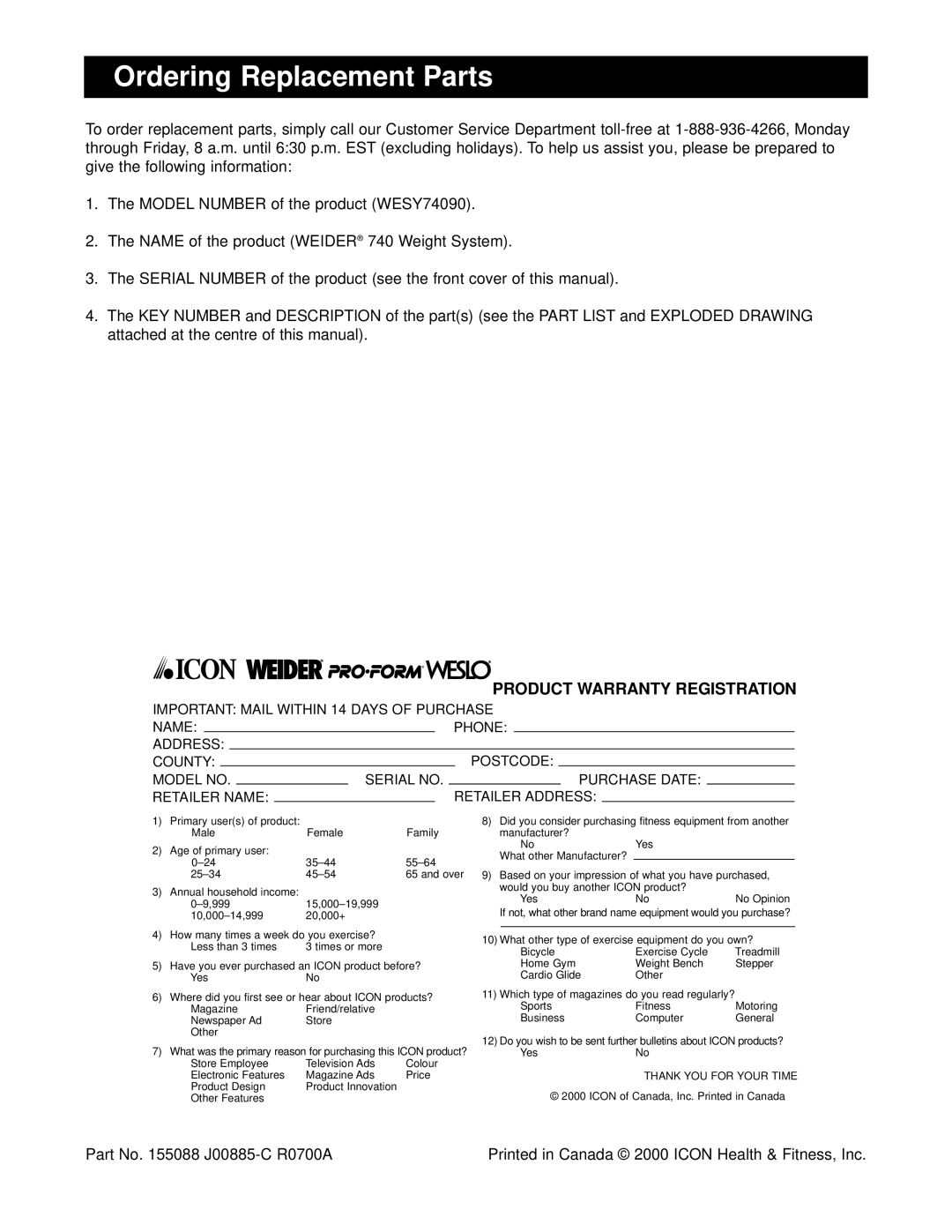 Weider WESY74090 user manual Ordering Replacement Parts, Part No J00885-C R0700A 