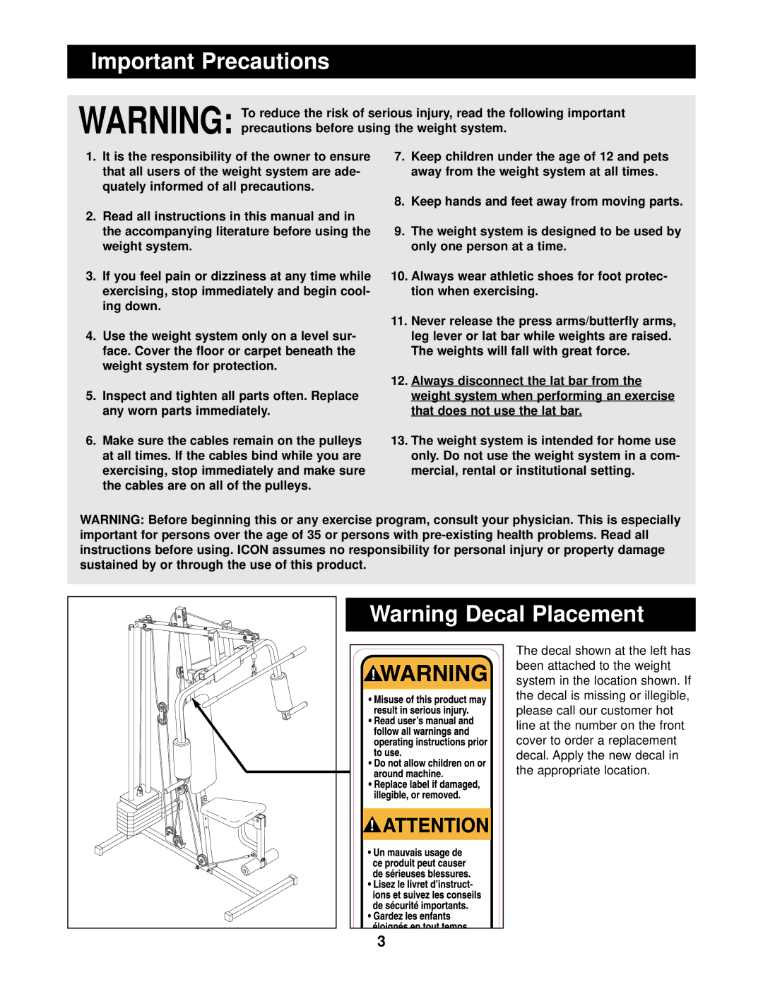 Weider WESY74090 user manual Important Precautions, Precautions before using the weight system 