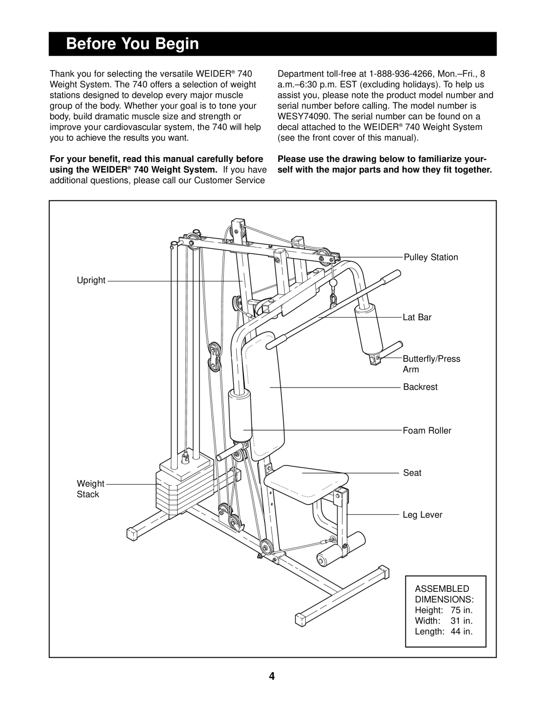 Weider WESY74090 user manual Before You Begin, Using the Weider Weight System 