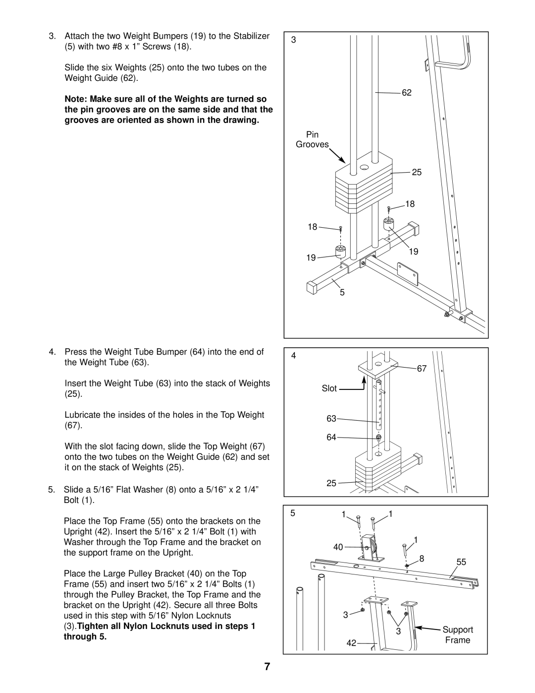 Weider WESY74090 user manual Tighten all Nylon Locknuts used in steps 1 through, Support 