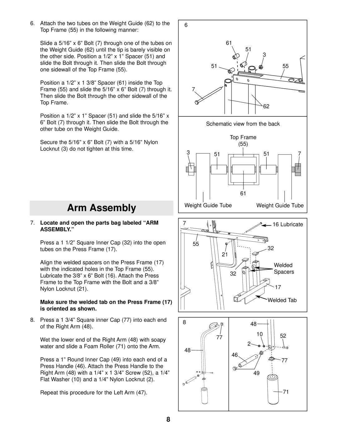 Weider WESY74090 Locknut 3 do not tighten at this time, Locate and open the parts bag labeled ARM, Is oriented as shown 