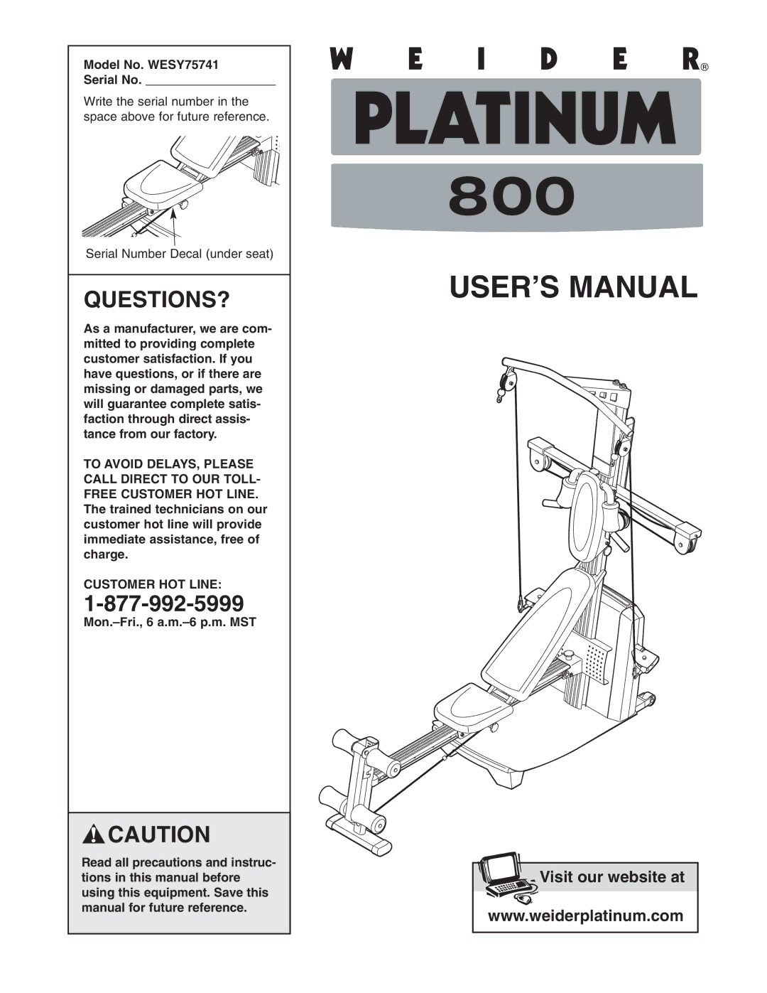 Weider user manual Questions?, Model No. WESY75741 Serial No, Customer HOT Line 