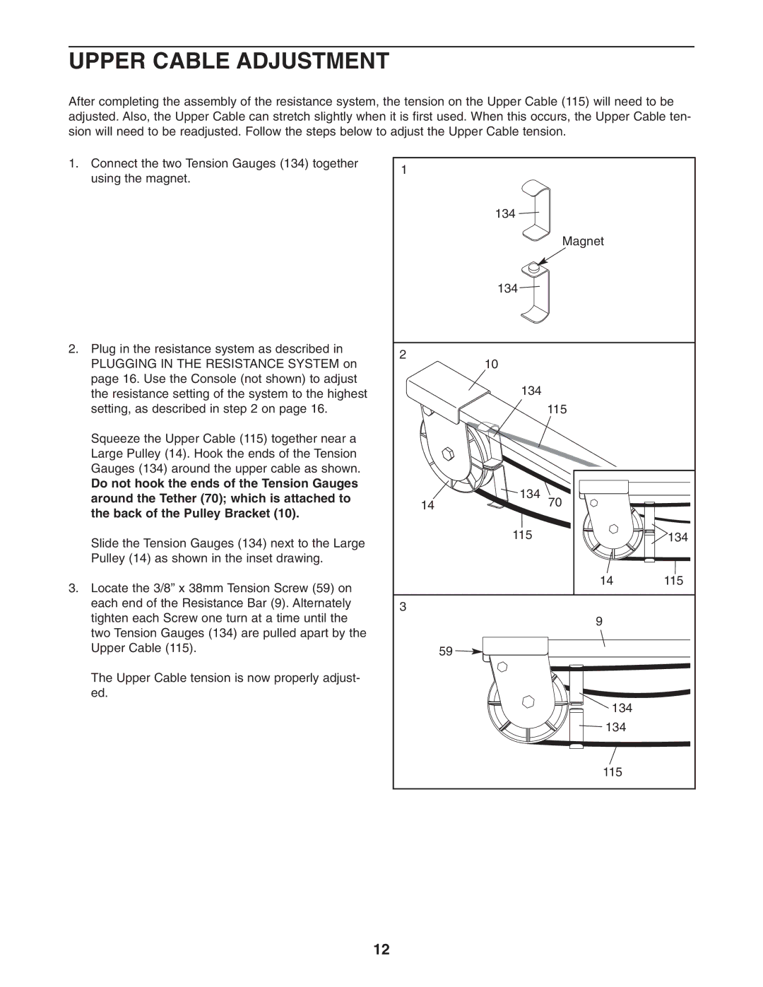 Weider WESY75741 user manual Upper Cable Adjustment 