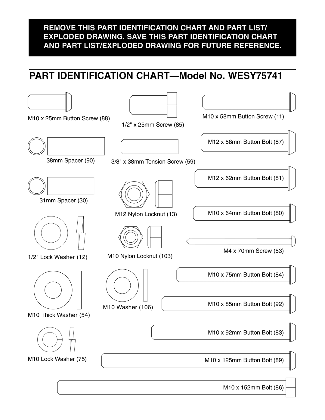 Weider user manual Part Identification CHART-Model No. WESY75741 