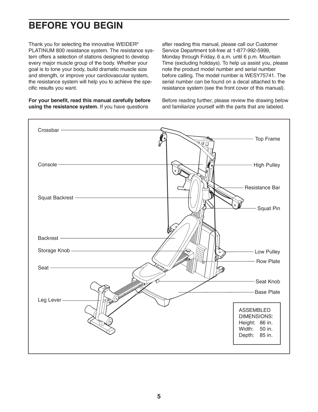 Weider WESY75741 user manual Before YOU Begin 